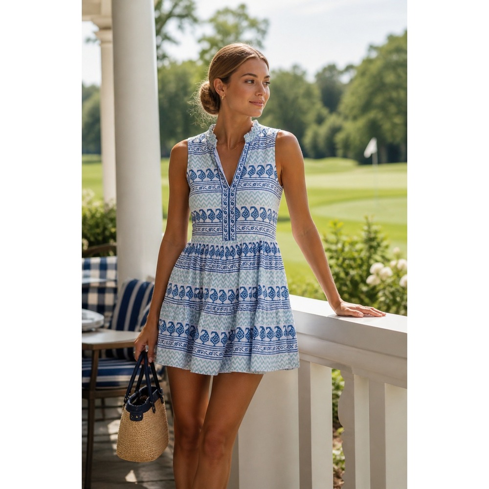 Oliphant Blue White Block Print Tiered Cotton Mini Dress Sleeveless Ruffle Small